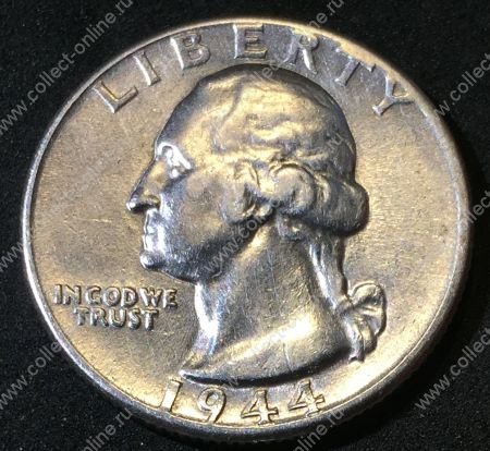 США 1944 г. KM# 164 • квотер (25 центов) • (серебро) • Джордж Вашингтон • регулярный выпуск • AU+
