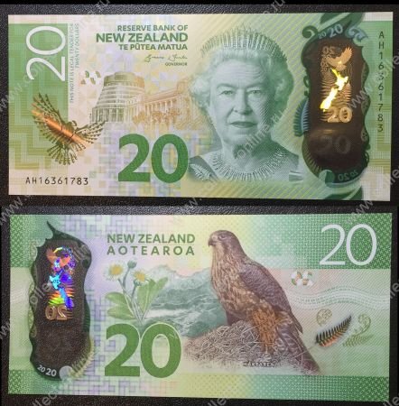 Новая Зеландия 2016 г. • P# 193 • 20 долларов • Елизавета II • сокол • регулярный выпуск(полимер) • UNC пресс