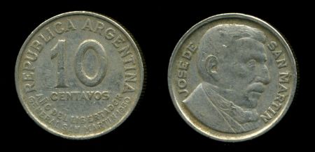 АРГЕНТИНА 1950г. KM# 44 / 10 ЦЕНТАВО  / VF-XF / ГОД-ТИП