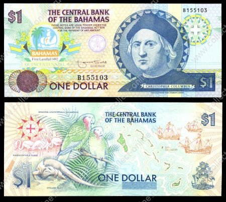 Багамы 1992 г. • P# 50 • 1 доллар • Христофор Колумб • памятный выпуск • UNC пресс