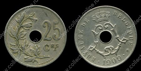Бельгия 1909 г. • KM# 62 • 25 сантимов • фр. текст • регулярный выпуск • +/- XF ( кат. - $30 )
