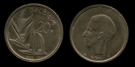 Бельгия 1980-1993 гг. • KM# 159 • 20 франков • "Belgique"(фр. текст) • король Бодуэн I • регулярный выпуск • +/-BU