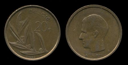Бельгия 1980-1983 гг. • KM# 160 • 20 франков • "Belgie"(нем. текст) • король Бодуэн I • регулярный выпуск • XF..AU
