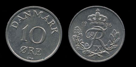 Дания 1956-1960 г. • KM# 841.2 • 10 эре • королевская монограмма • регулярный выпуск • XF-AU