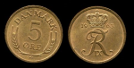Дания 1963 г. • KM# 848.1 • 5 эре • королевская монограмма • регулярный выпуск • MS BU