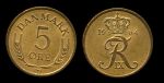Дания 1964 г. • KM# 848.1 • 5 эре • королевская монограмма • регулярный выпуск • MS BU