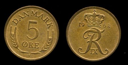 Дания 1968 г. • KM# 848.1 • 5 эре • королевская монограмма • регулярный выпуск • MS BU