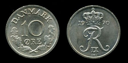 Дания 1967-1971 г. • KM# 849.1 • 10 эре • королевская монограмма • регулярный выпуск • BU - MS BU
