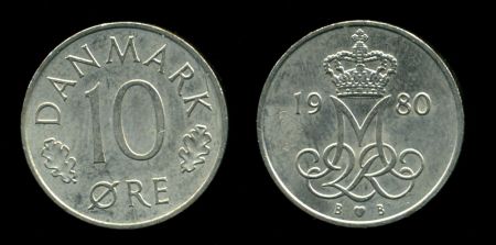Дания 1979-1981 гг. • KM# 860.2 • 10 эре • королевская монограмма • регулярный выпуск • BU - MS BU
