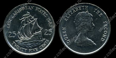 Восточно-Карибский Союз 1987 г. • KM# 14 • 25 центов • Елизавета II • парусник • регулярный выпуск • MS BU