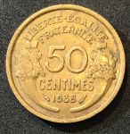 Франция 1938г. KM# 894.1 • 50 сантимов • +/- XF