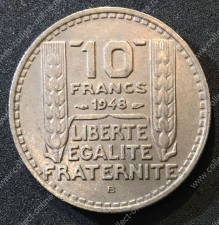 Франция 1948 г. B • KM# 909.2 • 10 франков • (большая голова) • регулярный выпуск • XF-AU