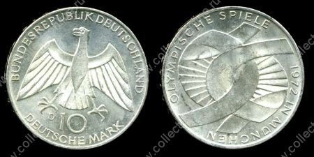 ФРГ 1972г. D KM# 131 / 10 МАРОК ОЛИМПИАДА-72 МЮНХЕН СЕРЕБРО / MS BU / ГЕРБЫ СПОРТ