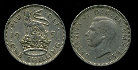 Великобритания 1951 г. • KM# 876 • 1 шиллинг • герб Англии • регулярный выпуск • +/- XF 