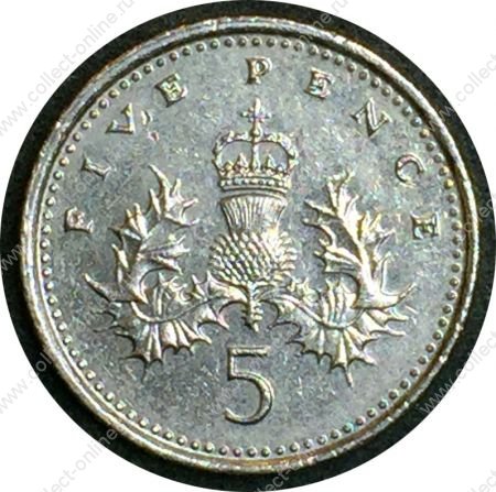 Великобритания 1998-2008 гг. • KM# 988 • 5 пенсов • Елизавета II • чертополох • регулярный выпуск • XF-AU+