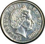 Великобритания 2008-2010 гг. • KM# 1109 • 5 пенсов • Елизавета II • фрагмент королевского герба • регулярный выпуск • +/- AU