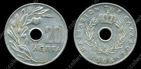 Греция 1954-1971 гг. • KM# 79 • 20 лепт • оливковая ветвь • регулярный выпуск • +/- XF