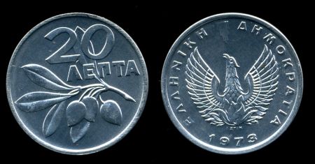 Греция 1973 г. • KM# 105 • 20 лепт • Феникс • оливковая ветвь • регулярный выпуск • MS BU пруфлайк ( кат.- $5,00 )