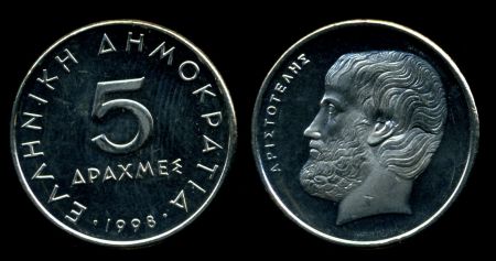 Греция 1998 г. • KM# 131 • 5 драхм • Аристотель • регулярный выпуск • MS BU FS • пруф-лайк