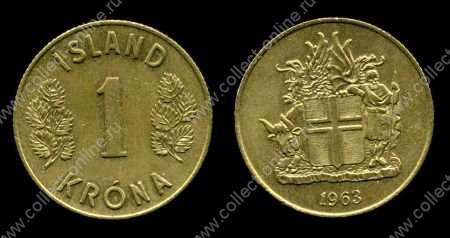 Исландия 1963 г. • KM# 12a • 1 крона • герб Республики • регулярный выпуск • MS BU