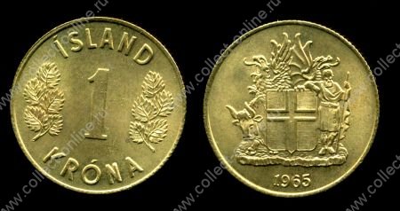 Исландия 1965 г. • KM# 12a • 1 крона • герб Республики • регулярный выпуск • MS BU