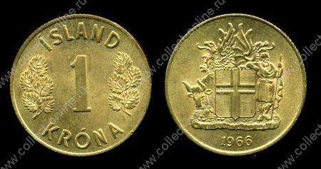 Исландия 1966 г. • KM# 12a • 1 крона • герб Республики • регулярный выпуск • MS BU