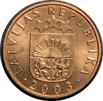Латвия 2003 г. • KM# 15 • 1 сантим • герб Республики • регулярный выпуск • MS BU