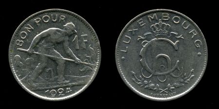 Люксембург 1924-1935 гг. • KM# 35 • 1 франк • металлург • регулярный выпуск • XF-AU ( кат. - $10+ )