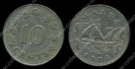 Мальта 1972 г. • KM# 11 • 10 центов • первый год чеканки типа • старинный парусник • регулярный выпуск • +/- XF