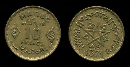 Марокко 1952 г. (AH1371 г ) • KM# Y49 • 10 франков • регулярный выпуск • XF - XF+