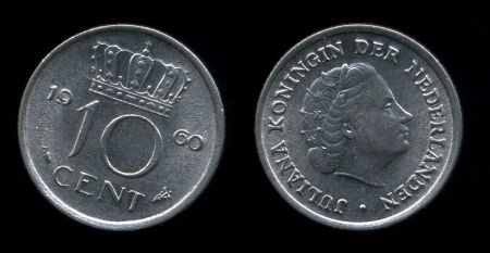 Нидерланды 1960 г. • KM# 182 • 10 центов • королева Юлиана • регулярный выпуск • MS BU ( кат.- $12,00 )
