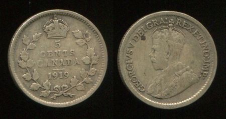 Канада 1919 г. • KM# 22 • 5 центов • Георг V • серебро • регулярный выпуск • F-VF