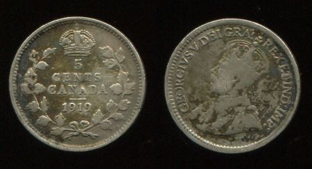 Канада 1919 г. • KM# 22 • 5 центов • Георг V • серебро • регулярный выпуск • F