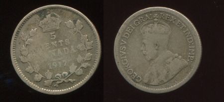 Канада 1917 г. • KM# 22 • 5 центов • Георг V • серебро • регулярный выпуск • VG