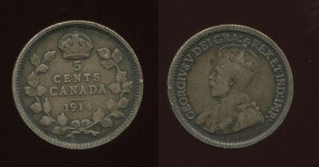 Канада 1914 г. • KM# 22 • 5 центов • Георг V • серебро • регулярный выпуск • F 