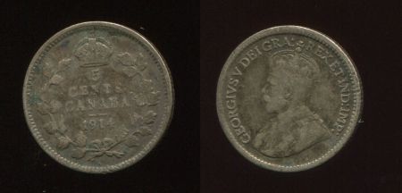 Канада 1914 г. • KM# 22 • 5 центов • Георг V • серебро • регулярный выпуск • F 