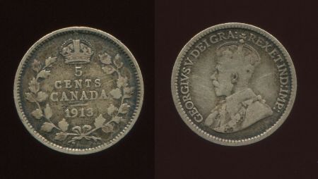 Канада 1913 г. • KM# 22 • 5 центов • Георг V • серебро • регулярный выпуск • F