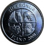 Исландия 2008 г. • KM# 29a.1 • 10 крон • мойва • герб Республики • регулярный выпуск • MS BU ( кат.- $ 3,00 )