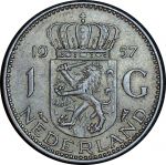 Нидерланды 1957 г. • KM# 184 • 1 гульден • королева Юлиана • серебро • регулярный выпуск • AU