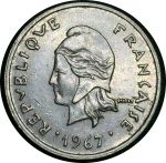 Новая Каледония 1967 г. • KM# 5 • 10 франков • каноэ • регулярный выпуск • AU
