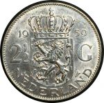 Нидерланды 1959 г. • KM# 185 • 2 ½ гульдена • королева Юлиана • серебро • регулярный выпуск(первый год) • MS BU