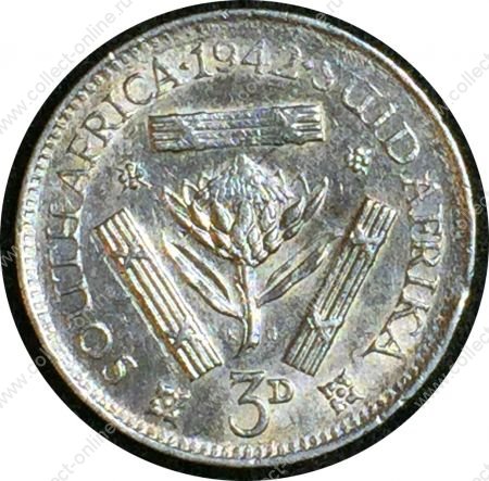 Южная Африка 1942 г. • KM# 26 • 3 пенса • Георг VI • серебро • регулярный выпуск • AU