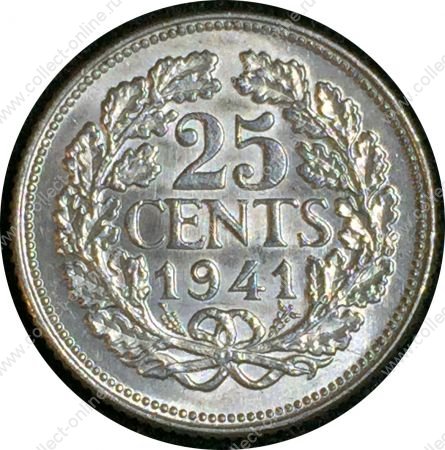 Нидерланды 1941 г. • KM# 164 • 25 центов • королева Вильгельмина I • серебро • регулярный выпуск • MS BU