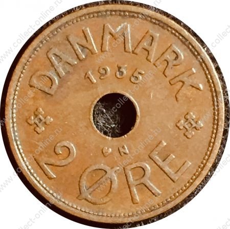 Дания 1935 г. KM# 827.2 • 2 эре • королевская монограмма • регулярный выпуск • XF