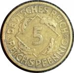 Германия 1930 г. A (Берлин) • KM# 39 • 5 рейхспфеннигов • колосья пшеницы • регулярный выпуск • XF
