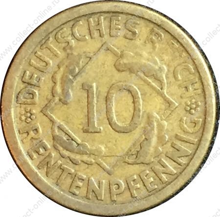 Германия 1924 г. F (Штутгарт) • KM# 33 • 10 рентенпфеннигов • колосья пшеницы • регулярный выпуск • F