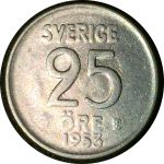 Швеция 1953 г. • KM# 824 • 25 эре • билон • Корона • регулярный выпуск • XF+