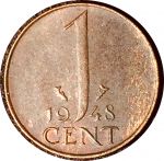 Нидерланды 1948 г. • KM# 175 • 1 цент • королева Вильгельмина • регулярный выпуск • MS BU ( кат.- $15 )