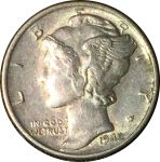 США 1942 г. • KM# 140 • дайм(10 центов) • "голова Меркурия" (серебро) • регулярный выпуск • AU+