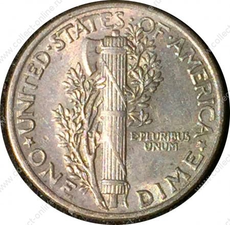 США 1942 г. • KM# 140 • дайм(10 центов) • "голова Меркурия" (серебро) • регулярный выпуск • AU+